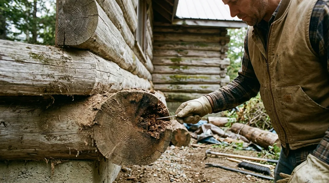 Probing for soft wood, checking log ends, sill logs and any area below a roofline that dumps water — Chattanooga, TN