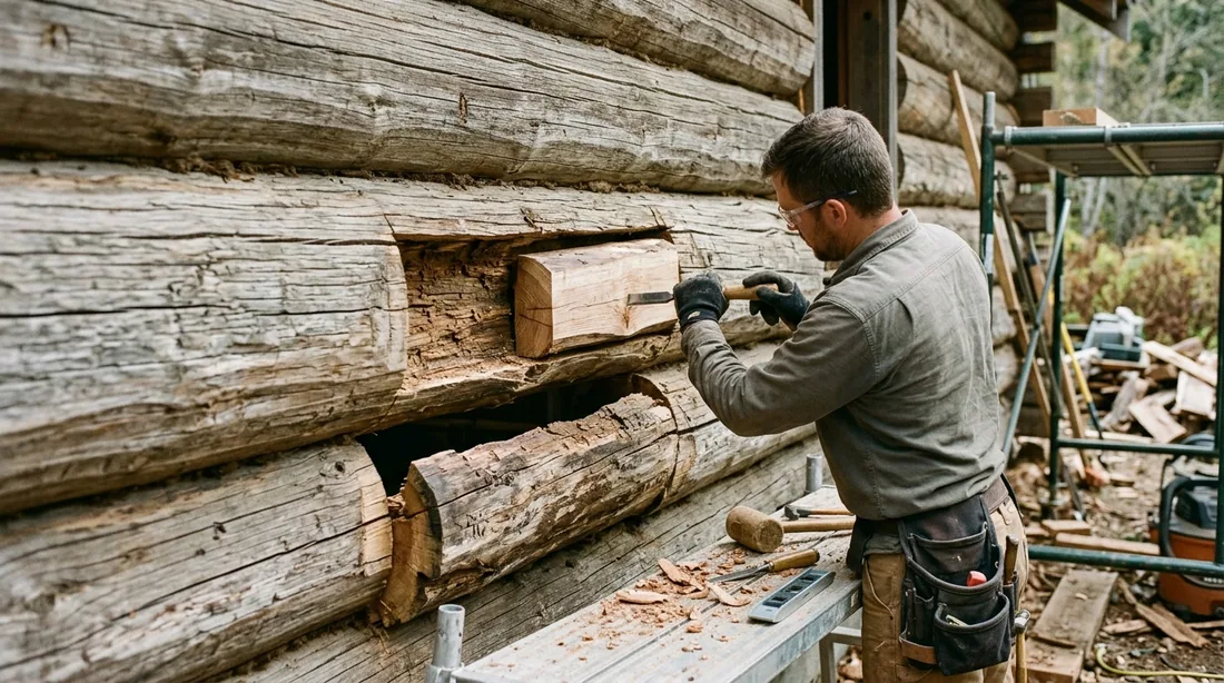 Rotted sections are cut out and repaired with borate treatment, half-log replacement, or Dutchman — Chattanooga, TN