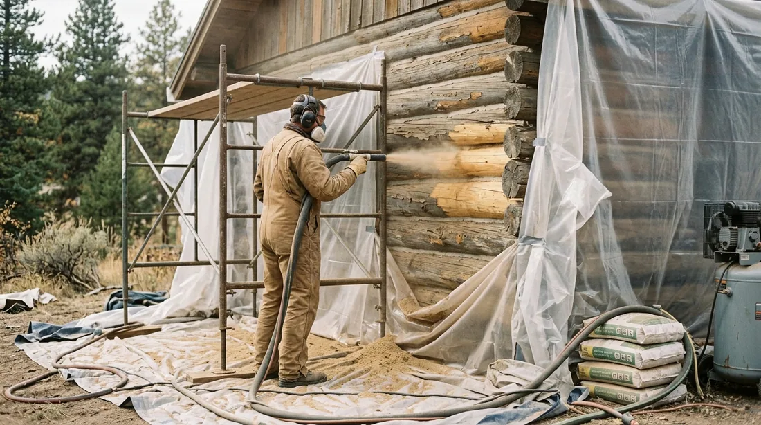 Old failed finish is removed with corn cob, crushed glass or similar media, which cleans the wood — Chattanooga, TN