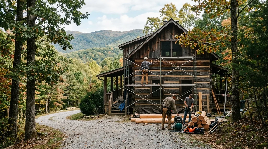 A small professional crew working on a log home restoration job at a property, seen from behind and — Chattanooga, TN